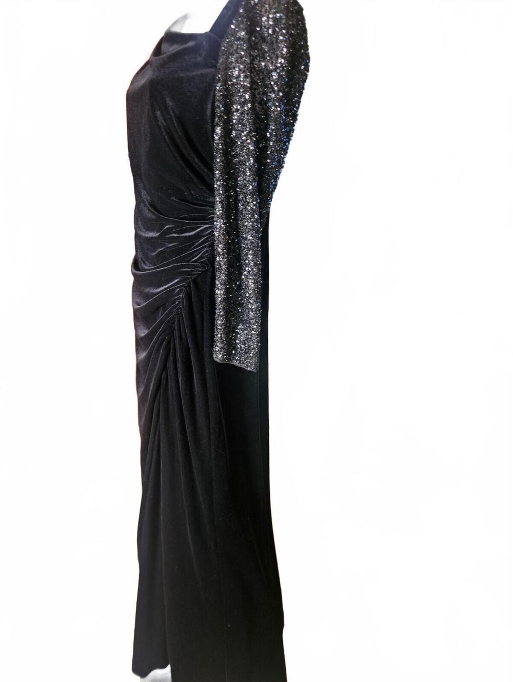 Adrianna Papell Black Velvet Evening Gown with Sequin Sleeves and Slit Sz 14 - Picture 4 of 9